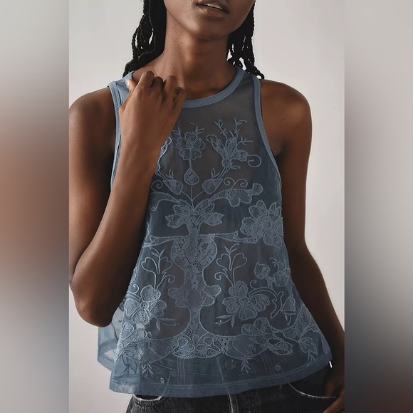 NWT Anthropologie Blue Floral Mesh Tank Medium - Picture 5 of 7